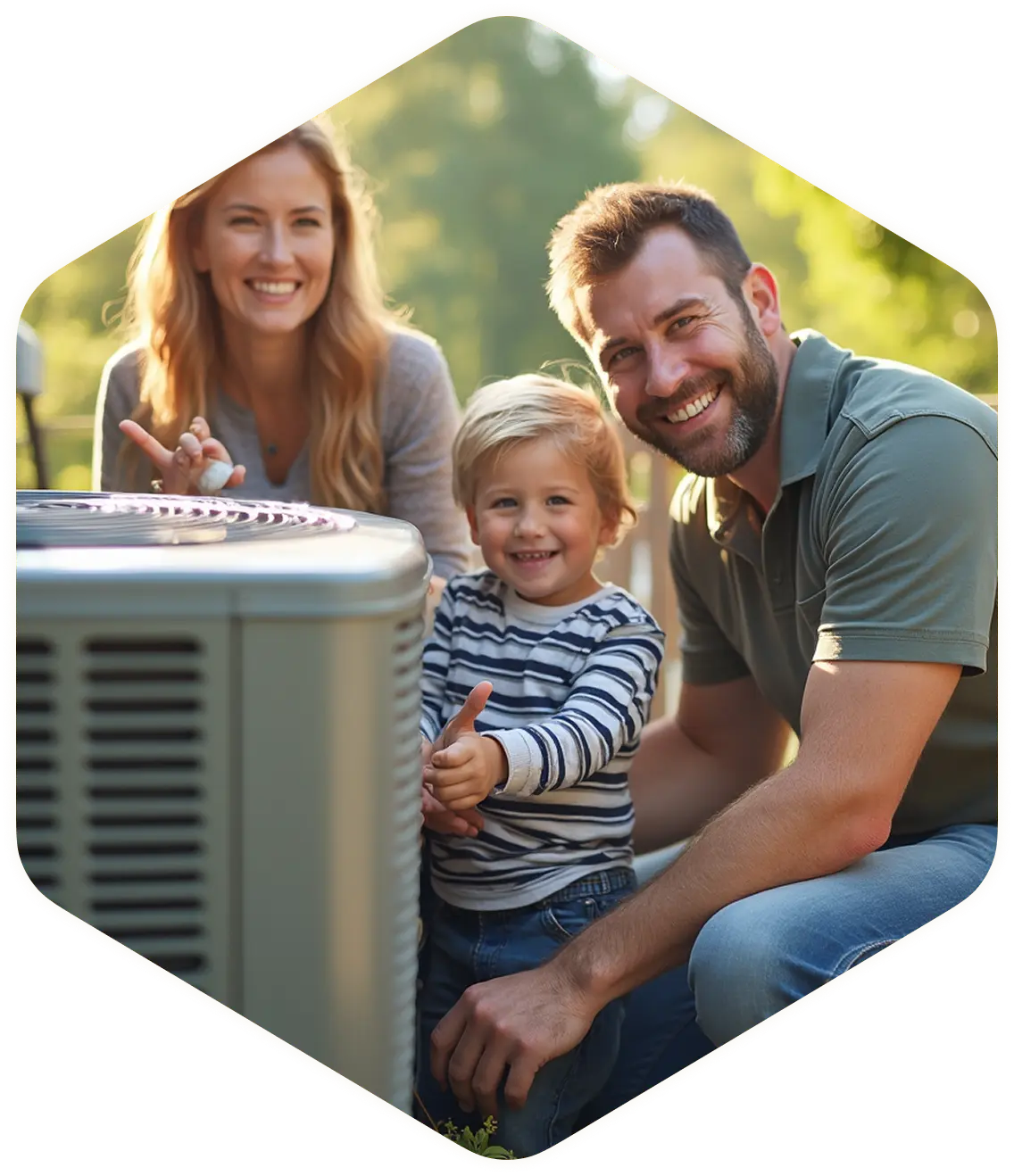 Family sitting outside near an HVAC unit.